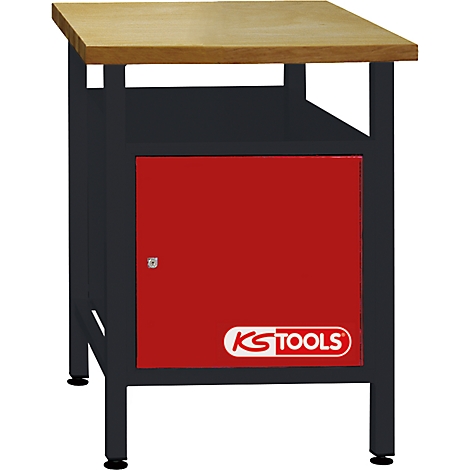 Werkbank mit Holzplatte, schwarzem Gestell und roter Tür mit KS TOOLS Logo.